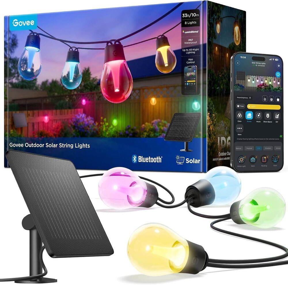 Govee Outdoor Solar String Lights 33FT RGBICW App Control 8 Bulbs New